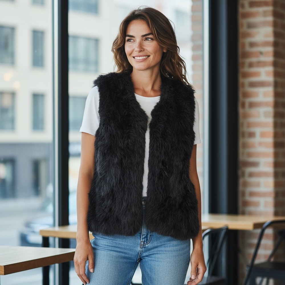 Luxurious Genuine Rabit Fur Black Vest